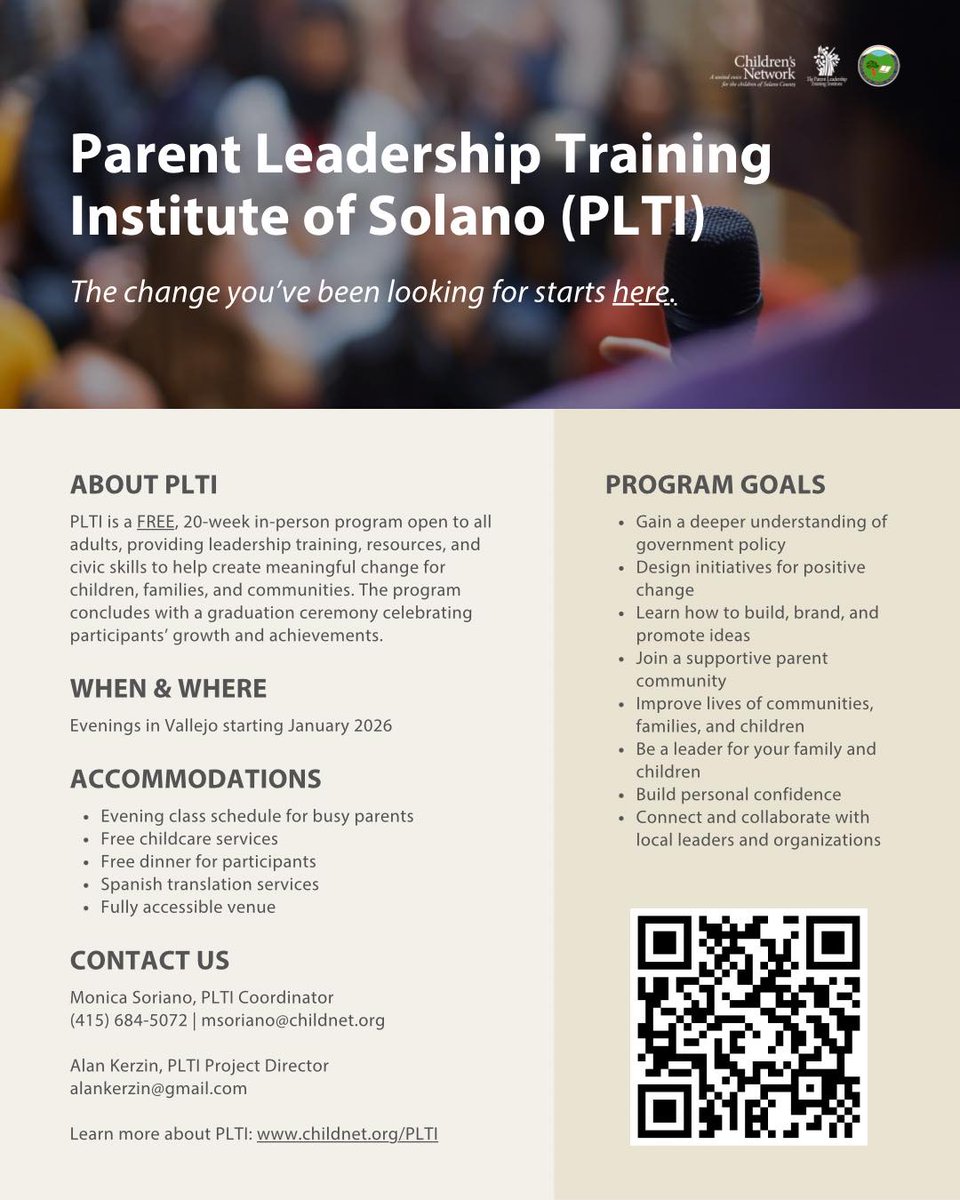 ChildrensNet's tweet image. PLTI is finally coming to Vallejo!
The Parent Leadership Training Institute of Solano (PLTI) is a FREE, 20-week in-person program starting January 2026. Open to all adults this is your chance to make real change in your community. Learn more at childnet.org/PLTI