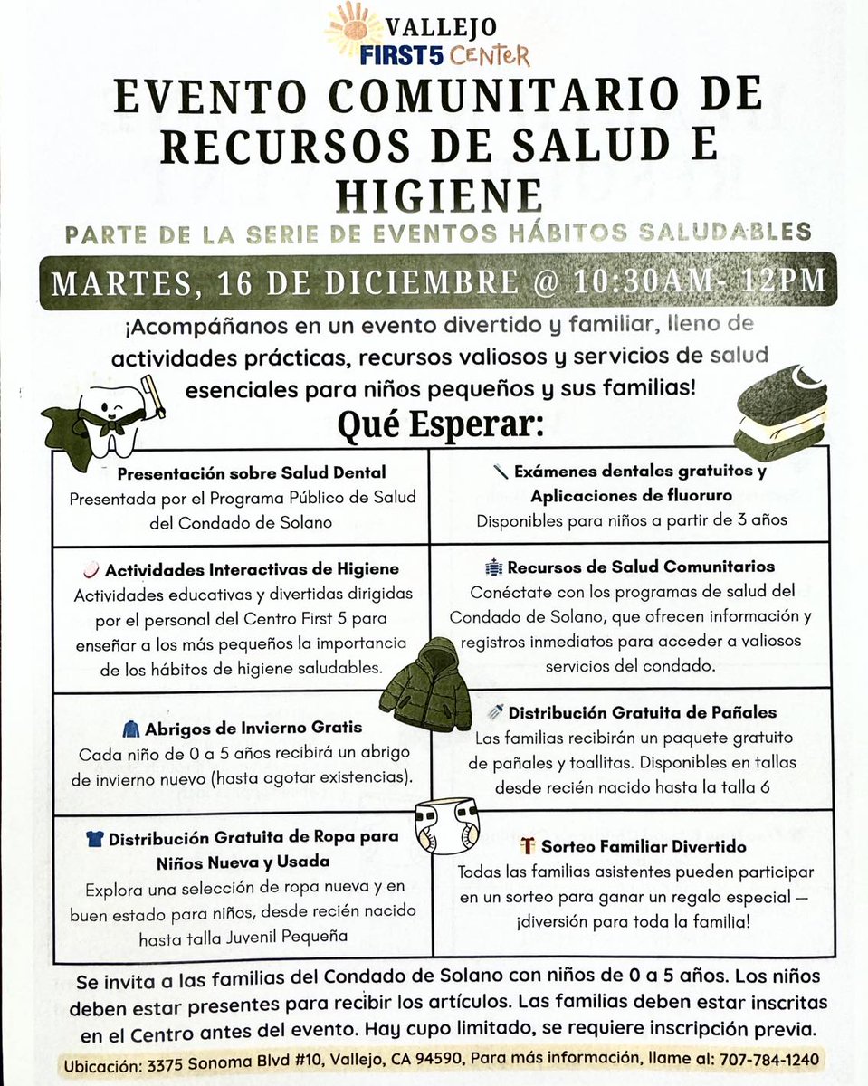 ChildrensNet's tweet image. Acompáñanos en el Evento Comunitario de Recursos de Salud e Higiene del Centro First 5 Solano – Vallejo el martes 16 de diciembre de 10:30AM a 12PM.
Las familias deben estar inscritas en el Centro antes del evento. Los niños deben estar presentes para recibir los artículos.