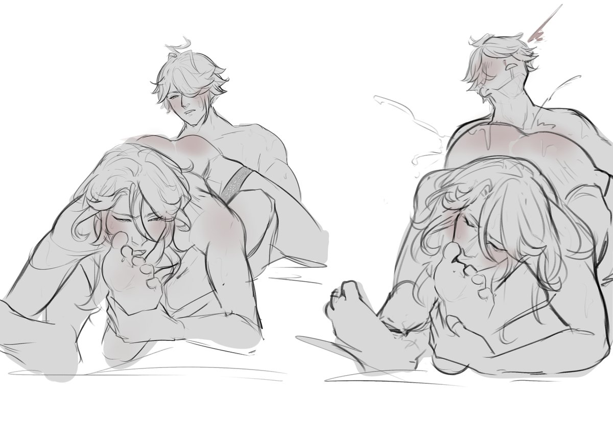 have an 1h sketch of Alhaitham violently nutting over Kaveh sucking his toe