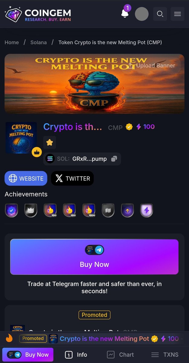CryptoMeltPot's tweet photo. 🔥 Crypto is the new Melting Pot is listed on CoinGem! 🚀 Support us and vote now! 🚀 https://t.co/1P1KjzQ4Tz

#$CMP #CryptoMeltingPot #MemeCoin #SolanaMeme #PumpFun #Solana #ToTheMoon https://t.co/EM05HrxFRV