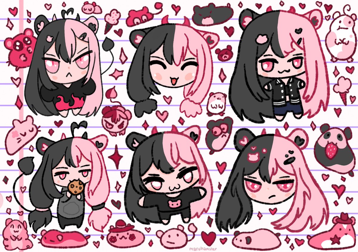 yaydewey's tweet photo. made a little sketch page of my vtuber design! ^^ and added a bunch of little hammy friends because they make me happy. 🖤🩷 i wanna make some fanart in this style now... https://t.co/ynBBp7MjEW