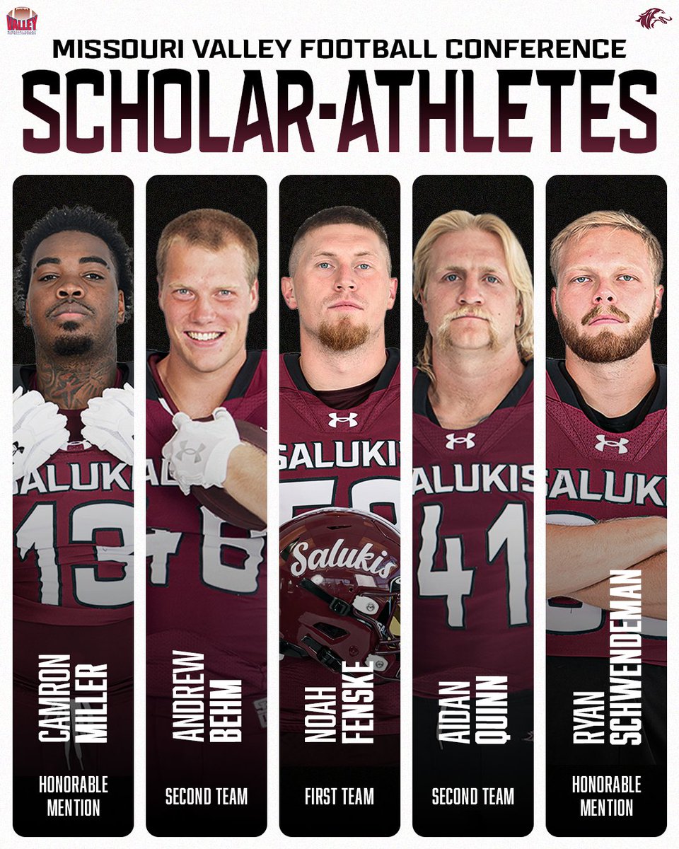 Congratulations to our five MVFC Scholar-Athletes! 📚

𝐅𝐢𝐫𝐬𝐭 𝐓𝐞𝐚𝐦: Noah Fenske
𝐒𝐞𝐜𝐨𝐧𝐝 𝐓𝐞𝐚𝐦: Aidan Quinn, Andrew Behm
𝐇𝐨𝐧𝐨𝐫𝐚𝐛𝐥𝐞 𝐌𝐞𝐧𝐭𝐢𝐨𝐧𝐬: Ryan Schwendeman, Camron Miller

#Salukis | #BuiltFor