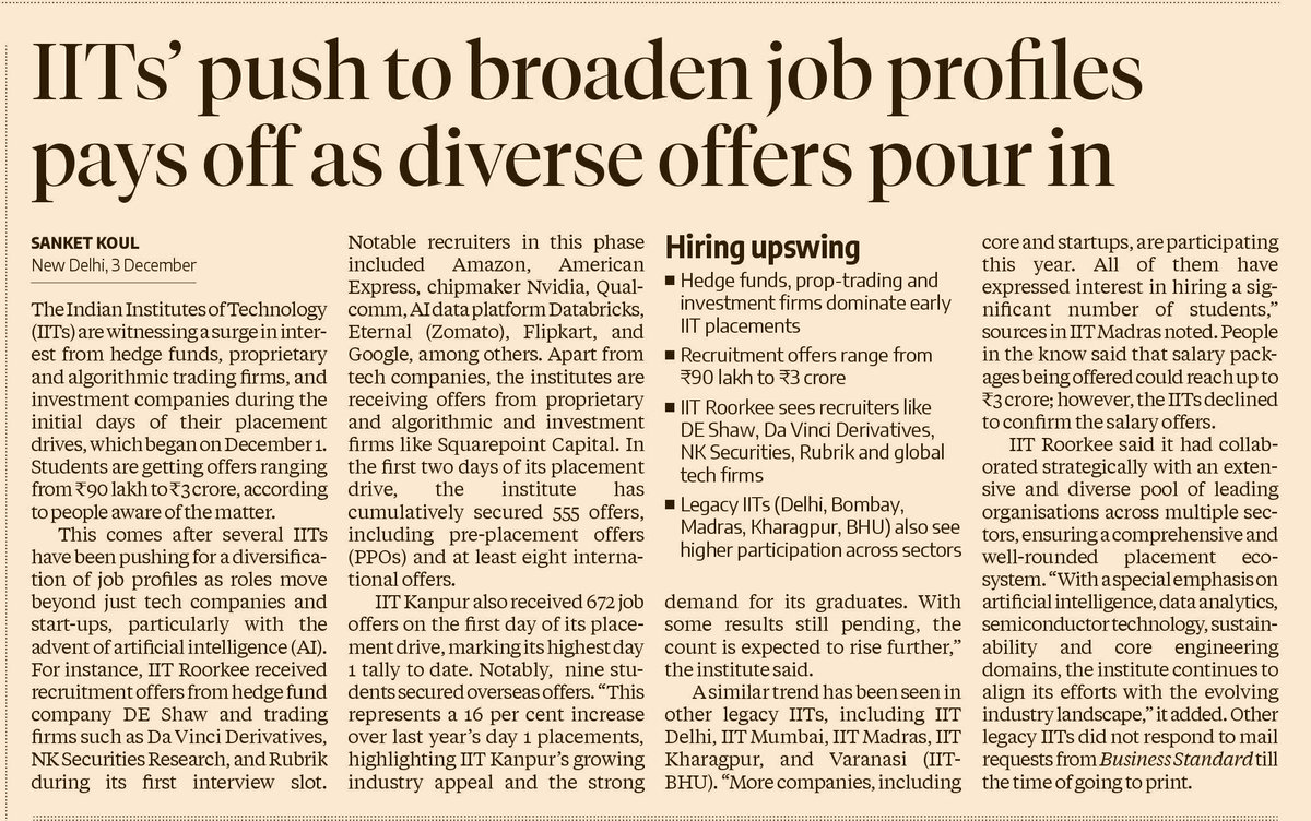 IIT placements are shifting gears. Hedge funds, prop-trading desks, algo trading firms and investment shops are driving placements . Early offers range from ₹90 lakh to ₹3 crore, and institutes report record Day-1 tallies. With AI, data, semiconductor, core eng demand rising,
