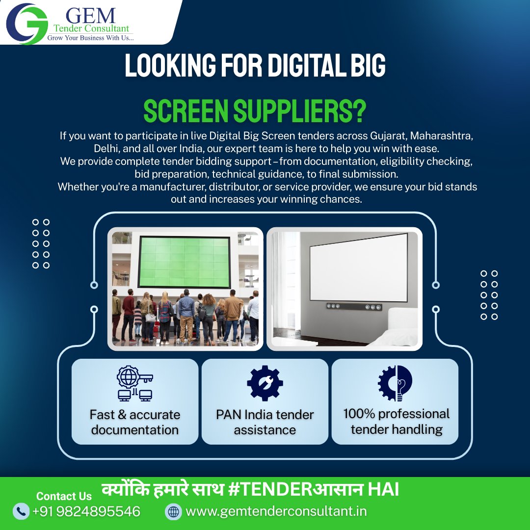 AaravTender's tweet photo. Are you searching for Digital Big Screen suppliers or planning to participate in Digital Big Screen Government Tenders?
If yes, then our expert team at GEM Tender Consultant is here to help you win faster and easier.

100% professional tender handling https://t.co/rRto371hUa