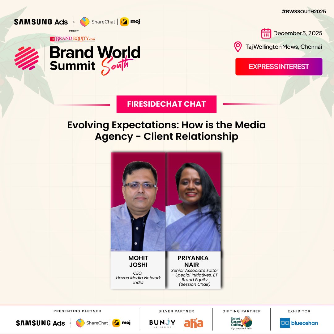 ETBrandEquity's tweet image. At Brand World Summit South, this fireside chat brings two sharp voices to explore how expectations are evolving and what a future-ready partnership truly looks like.

Know More - lnkd.in/gFM2Xhvi

#BWSSouth2025 #BrandWorldSummitSouth #MarketingInnovation #BrandEquityLive