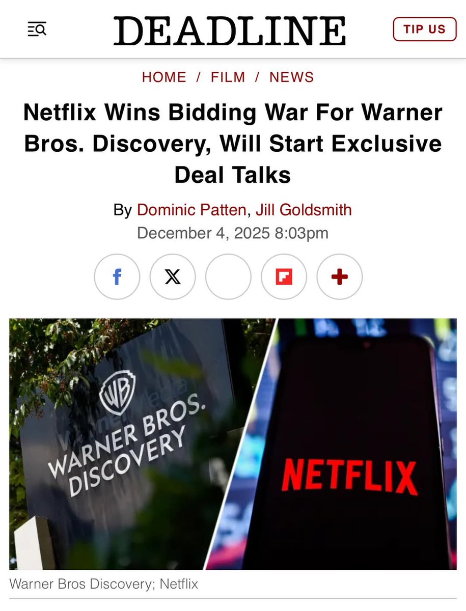 Netflix ha ganado la guerra de ofertas para comprar Warner.

Falta ultimar detalles y que el gobierno de EU no opine otra cosa.