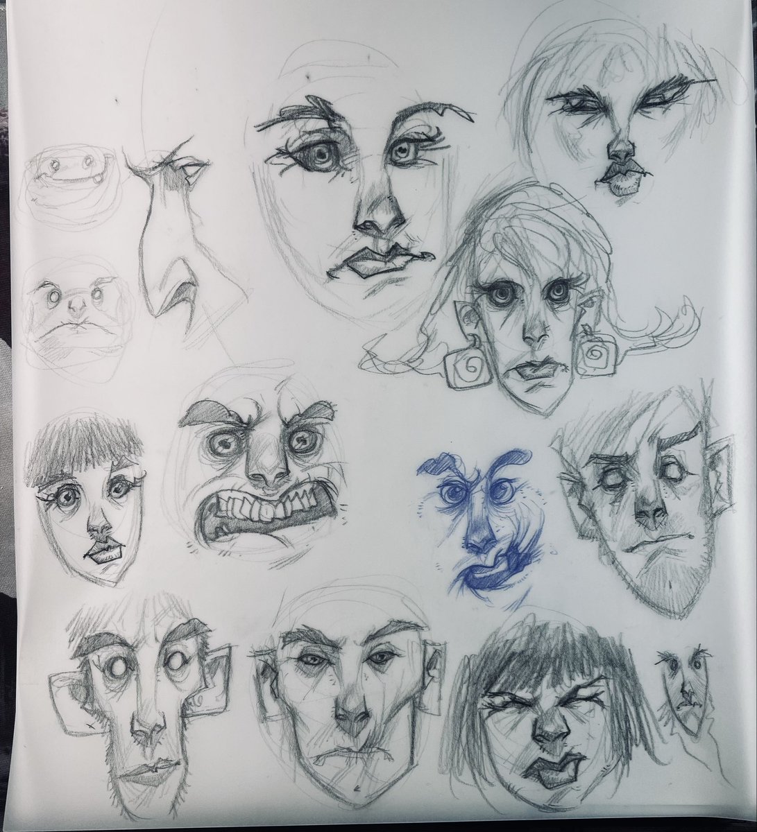 pecks13's tweet photo. A page of one of my larger sketchbooks…full of small quick head and face sketches…pencil on vellum. 
Vellum is such a nice surface to draw on. 
Wishing you all well!

#sketches #sketchbookdrawing #pencildrawing #conceptualartist #drawings #linedrawings #visdev https://t.co/I1QcdR57dU