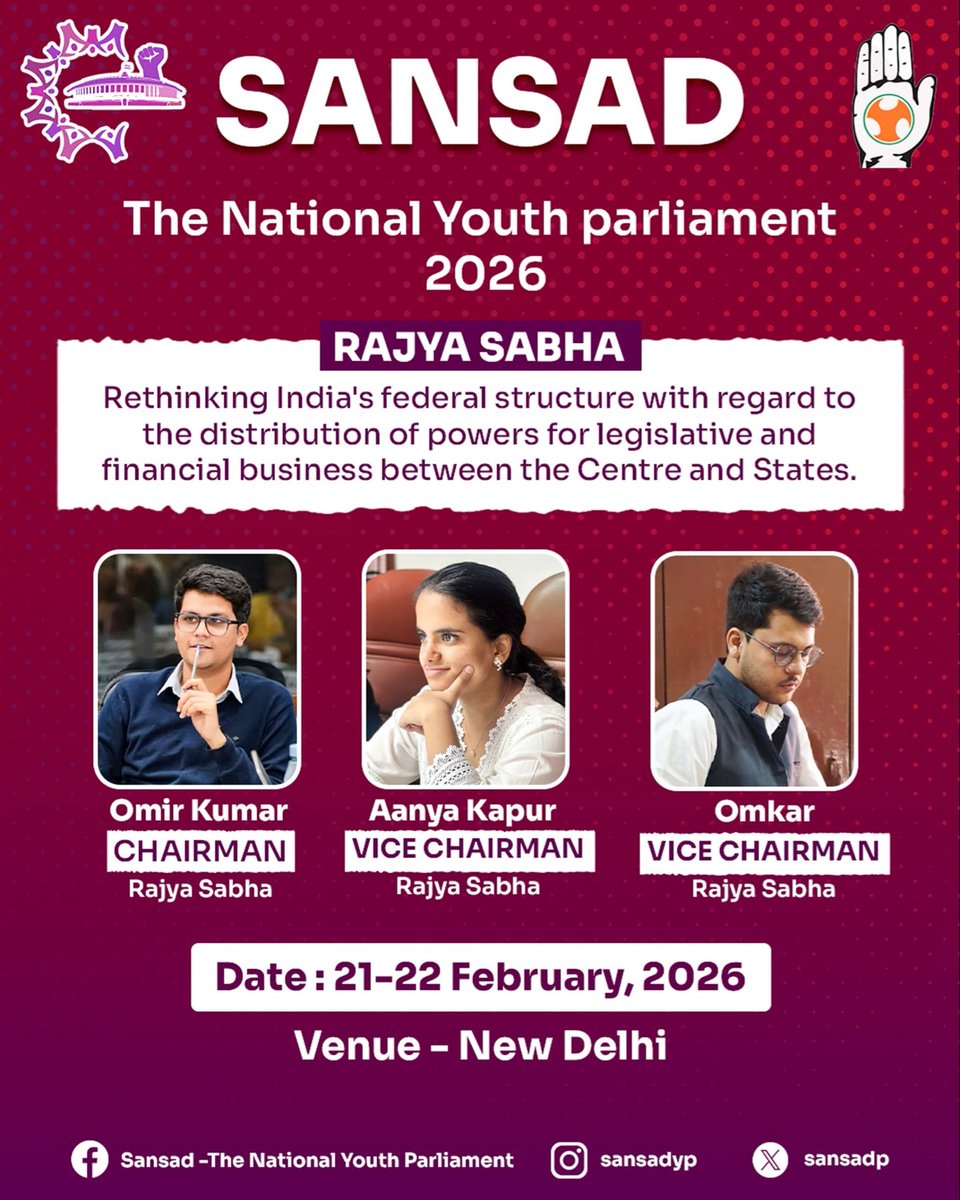 SansadP's tweet photo. What does India’s future governance look like?
At #SANSAD2026, the youth will take the Rajya Sabha floor to debate federalism and policy reform. 🇮🇳
Join the conversation.
#RajyaSabha #youthParliament https://t.co/qlHvK3bXja