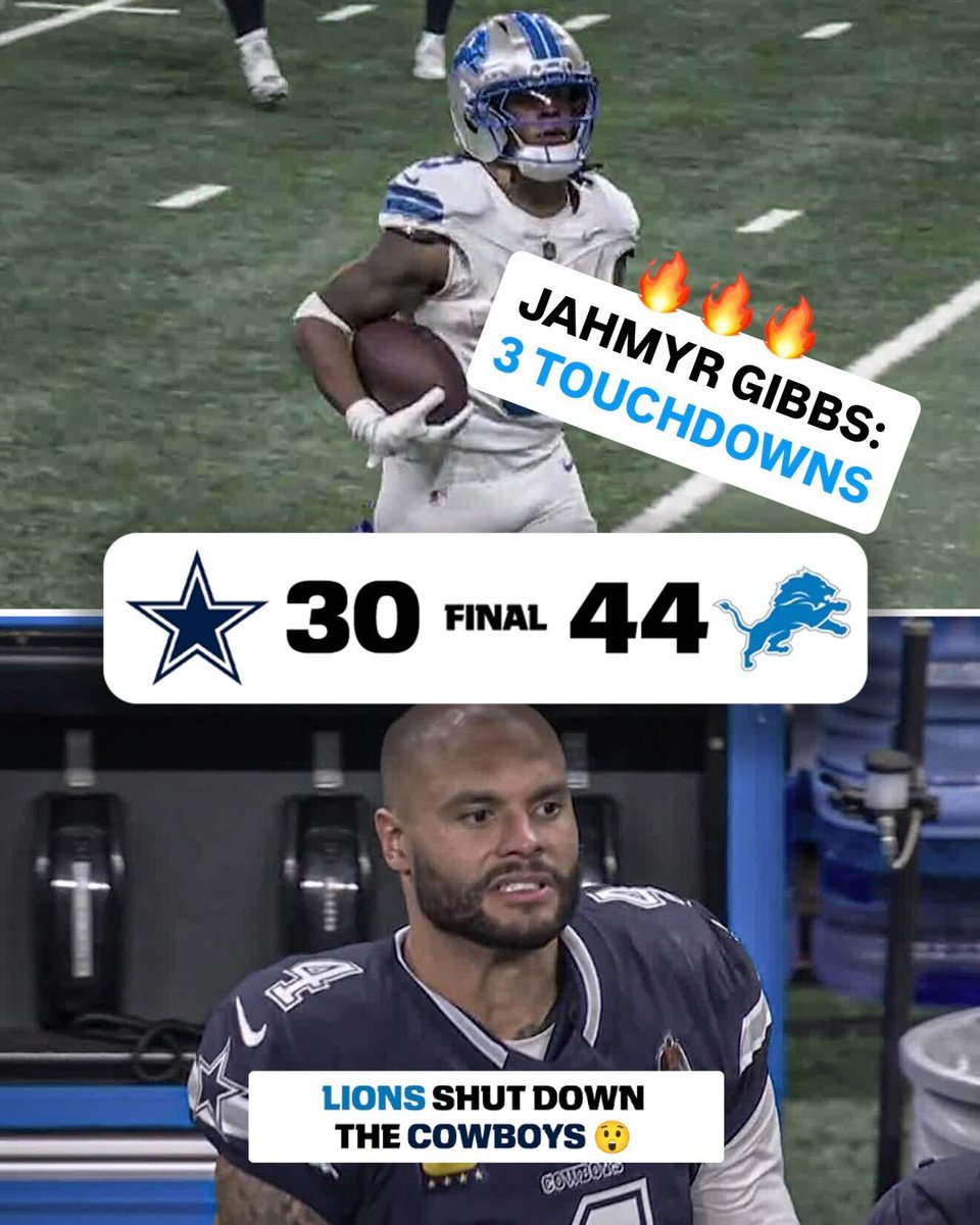 SportsCenter's tweet photo. JAHMYR GIBBS AND LIONS MAKE A STATEMENT 😤 

Cowboys fall to 6-6-1 as the Lions improve to 8-5 🍿 https://t.co/wpbViDLNHY