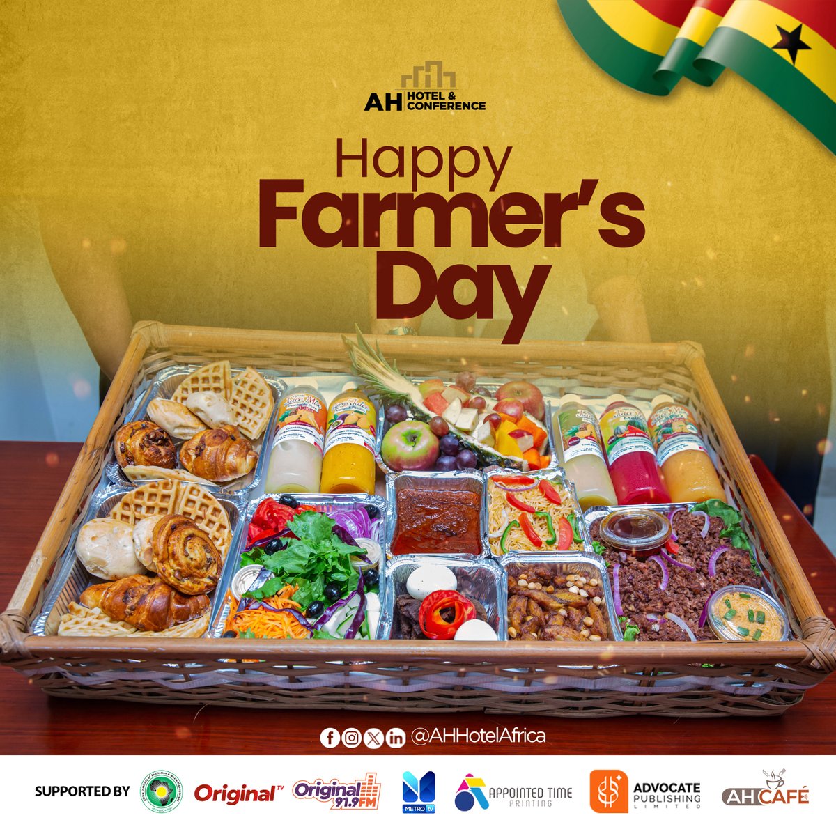 Today, we celebrate the hard work behind every meal we enjoy.
To our gallant farmers who feed the nation with dedication, resilience, and love — we appreciate you! 
Happy Farmer’s Day from all of us at AH Hotel &amp; Conference.
#FarmersDayGhana #AHHotelAfrica #ProudlyGhanaian