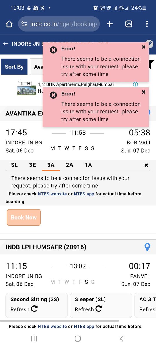 REajaymore's tweet photo. @IRCTCofficial past many days I am trying to book tatkal ticket through my Mobile network my home wifi and office wifi but every time at  10 AM I am getting this error. I tried it through my laptop my mobile but the same error. https://t.co/wZ5dUk0kuY