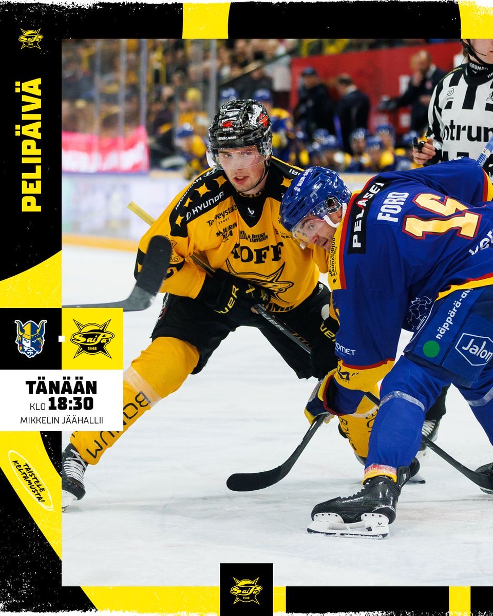 𝐏𝐄𝐋𝐈𝐏𝐀̈𝐈𝐕𝐀̈! 🔥

Jukurit–SaiPa
Pe 5.12. klo 18:30
📍Mikkeli

#SaiPa #Liiga #YhdessäVahvempia