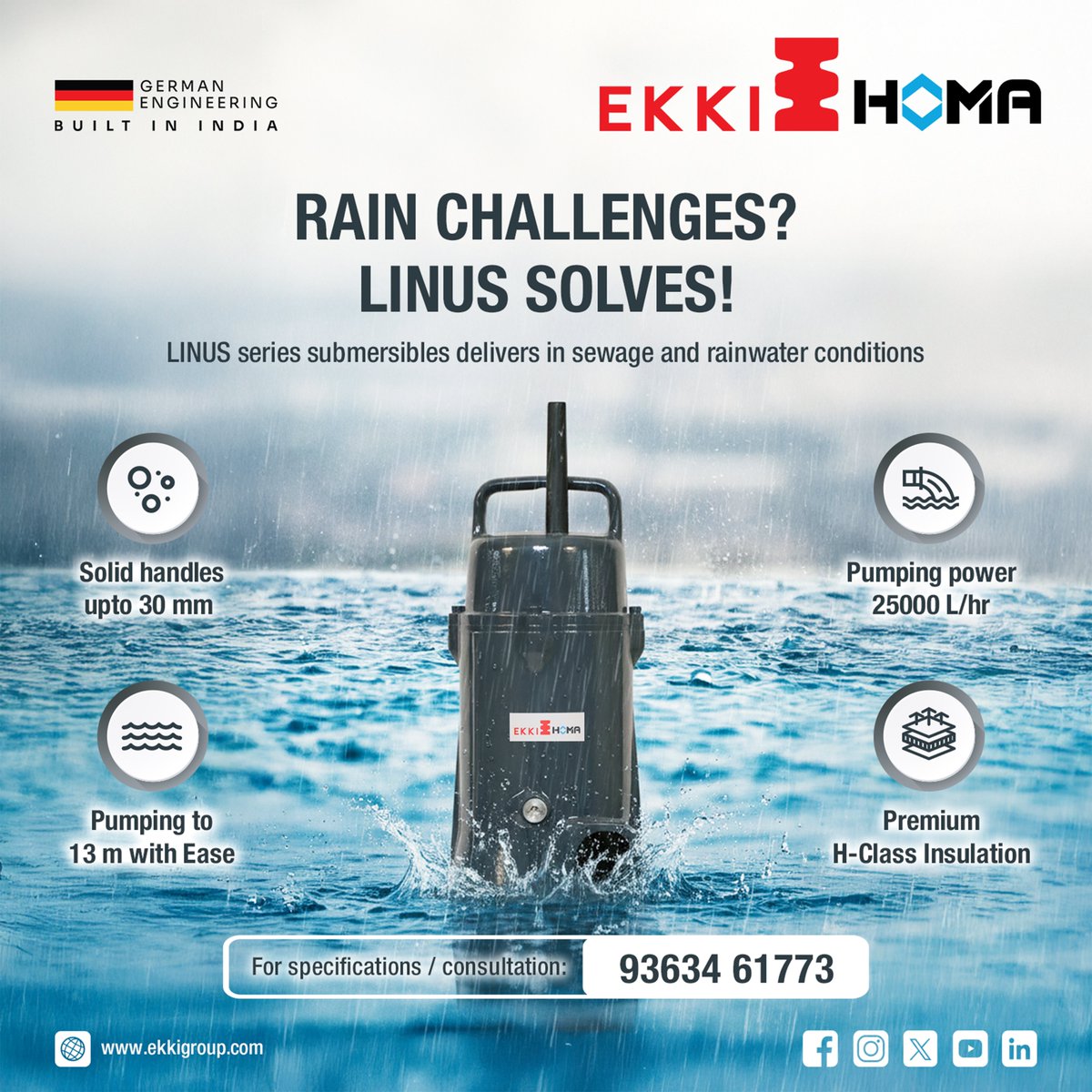 Rain challenges? The LINUS Series solves them.
LINUS Submersible Pumps are engineered for reliable performance across sewage, drainage and rainwater applications.

#EKKIPumps #EKKIWaterTechnologies #SewagePumps #DrainagePumps #Rain #Monsoon #HeavyRain #FloodControl #Rainwater