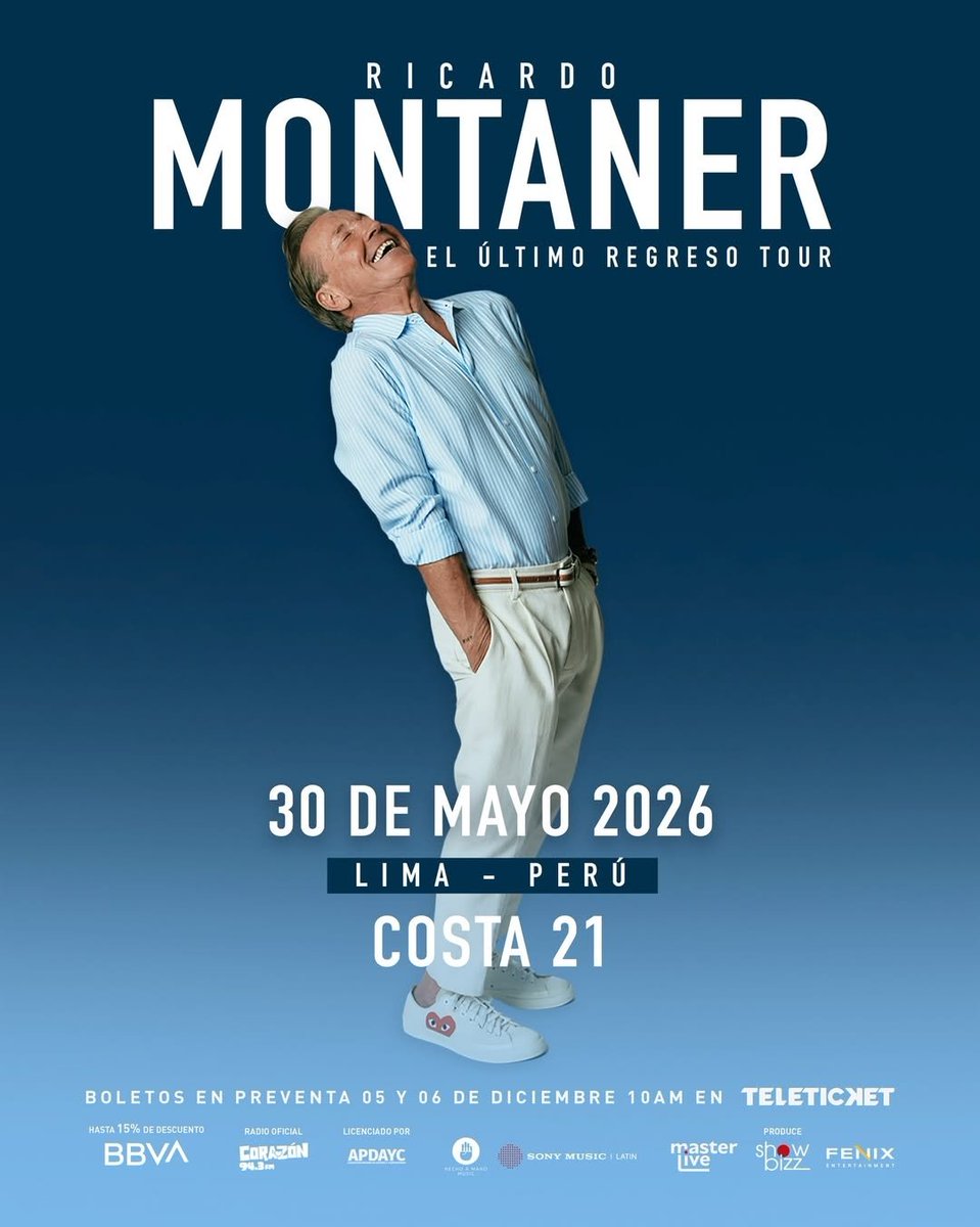 NosFuimosdeTour's tweet photo. Ricardo Montaner, con todos sus éxitos en Perú, en lo que será el último regreso⭐

La leyenda de la música romántica tras 40 años de carrera llega a Lima para el último regreso, un concierto especialmente dedicado a todos sus fans que lo han acompañado a lo largo de su carrera. https://t.co/v3ja1ZtTUw