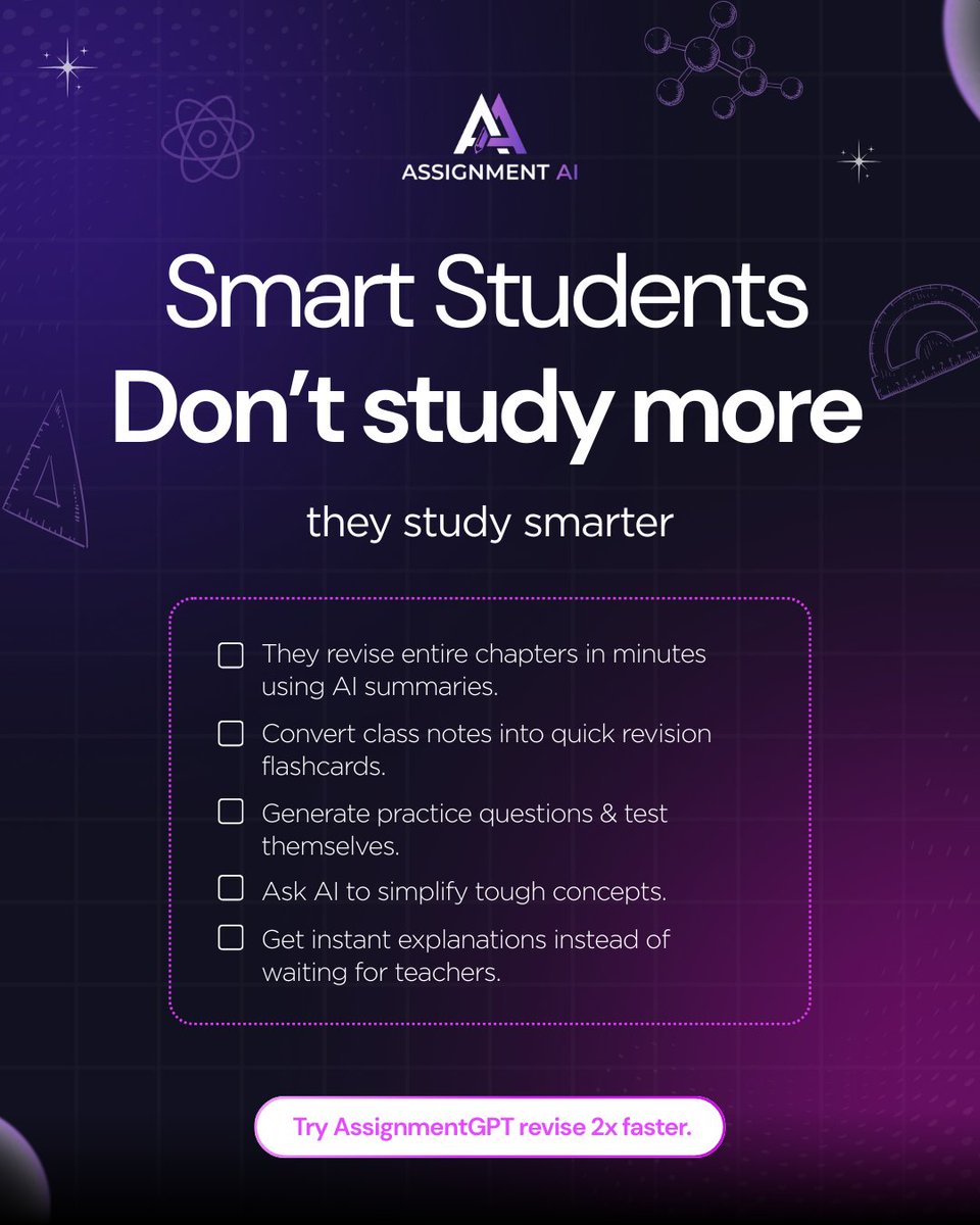 AssignmentGptAI's tweet photo. The trick smart students use before exams?
They revise with AI. ⚡
Summaries ✓
Flashcards ✓
Instant explanations ✓

Study smarter, not longer. #AssignmentGPT #ExamPrep #StudySmart https://t.co/HcqcVzLQXE