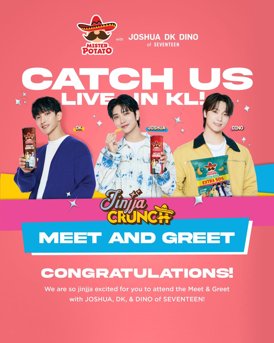 YOU GUYS ARE MEETING JOSHUA, DK &amp; DINO OF SEVENTEEN!

CONGRATULATIONS! We are JINJJA excited to announce those who have been selected to attend the Meet &amp; Greet with JOSHUA, DK, &amp; DINO of SEVENTEEN! 🎉

Selected name list here: drive.google.com/drive/folders/…

#JinjjaCrunch #MisterPotato