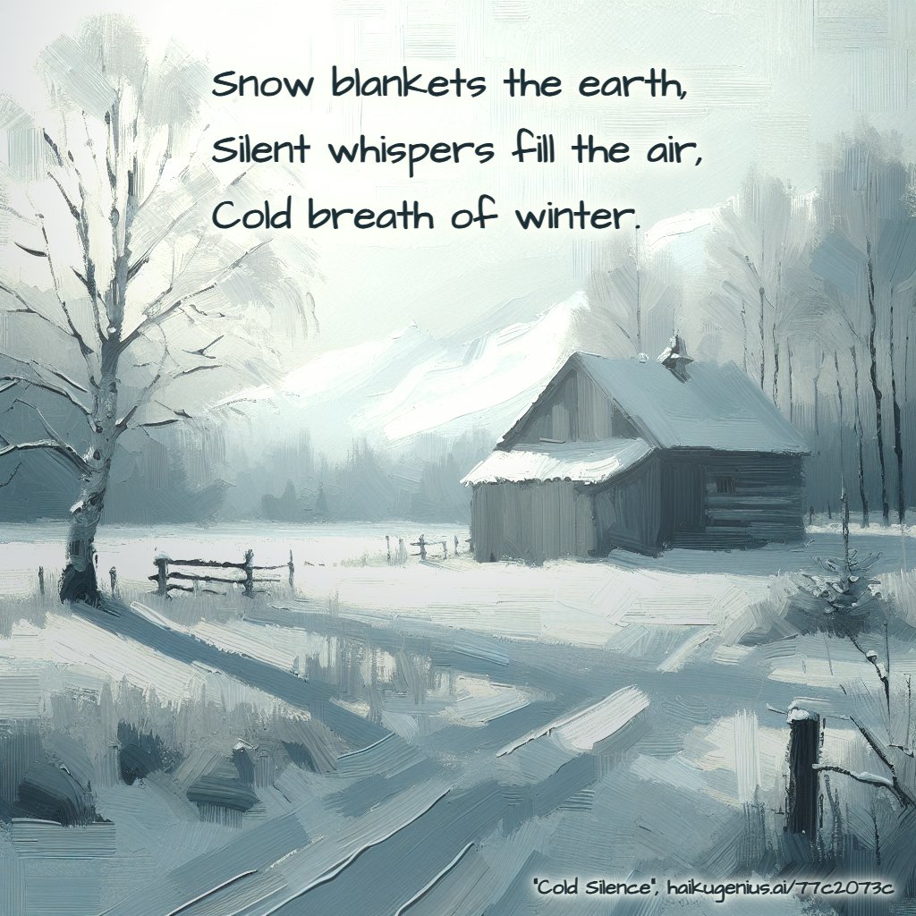 Snow blankets the earth,
Silent whispers fill the air,
Cold breath of winter.
"Cold Silence", haikugenius.ai/77c2073c

✨ Create your own beautiful haiku with stunning generative art—free and no signup needed! Try it now: haikugenius.ai

#ColdSilence #haiku #haikudaily