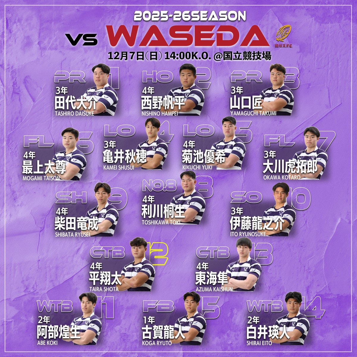 試合情報】 12月7日(日) 関東ラグビー対抗戦Aグループ 対 早稲田大学