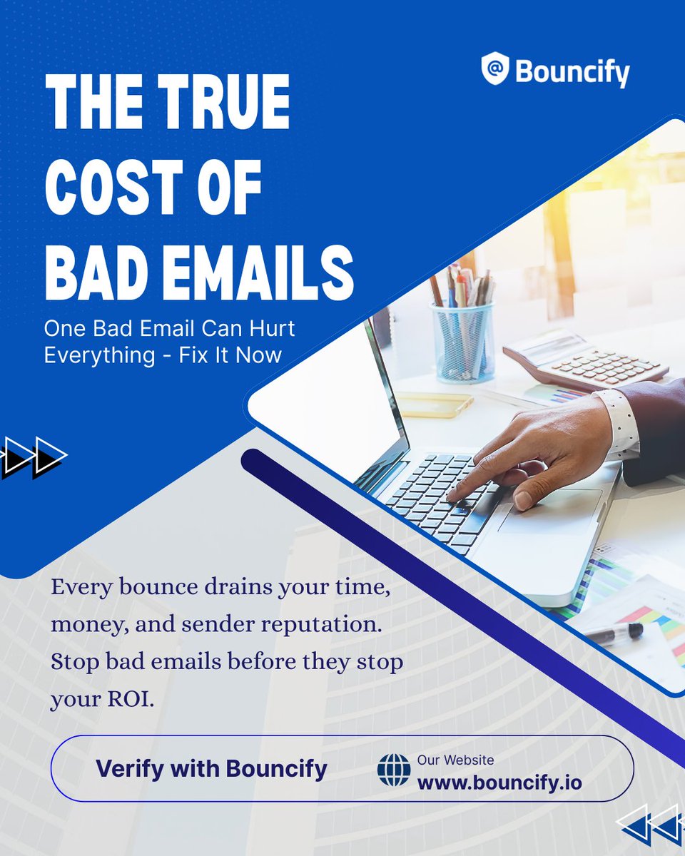 bouncifyio's tweet photo. Bad emails cost more than you think.
Clean your list, protect your ROI, and boost deliverability.Verify smarter with Bouncify.
https://t.co/XQgAMoM11X
#MarketingROI #BounceRate #EmailVerification #CleanEmail #Bouncify #DigitalMarketingTip https://t.co/RnkTwyZk1x