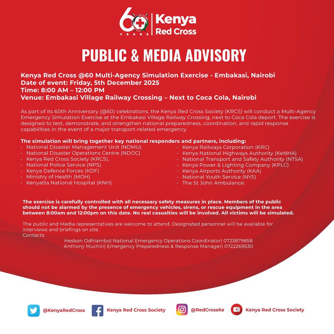 As we continue marking 60 years of service, the Kenya Red Cross, together with partners, will stage a multi-agency simulation at the Embakasi Village railway crossing (next to the Coca-Cola depot).

This drill will put national preparedness and rapid response to the test,