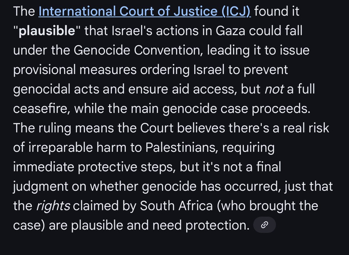 JRGhaddar's tweet photo. That’s not how it works.

And you are wrong.

The ICJ found that Israel’s actions are plausible for Genocide.

What that means is there is enough evidence that the case can move forward with protective measures.

The next steps are aimed at Israel’s response which they have asked for extension.. twice. 

So Israel is trying to delay a response (mainly because they know the case doesn’t look good for them) 

The hearings are set for next year.  And if you look at the law there are 4 of the 5 criteria met.

Intent is clear as well with 4 Israeli politicians (Gallant, Netanyahu, Smotrich, and Ben-Gvir) all making statements in line with Genocidal intent and rhetoric.