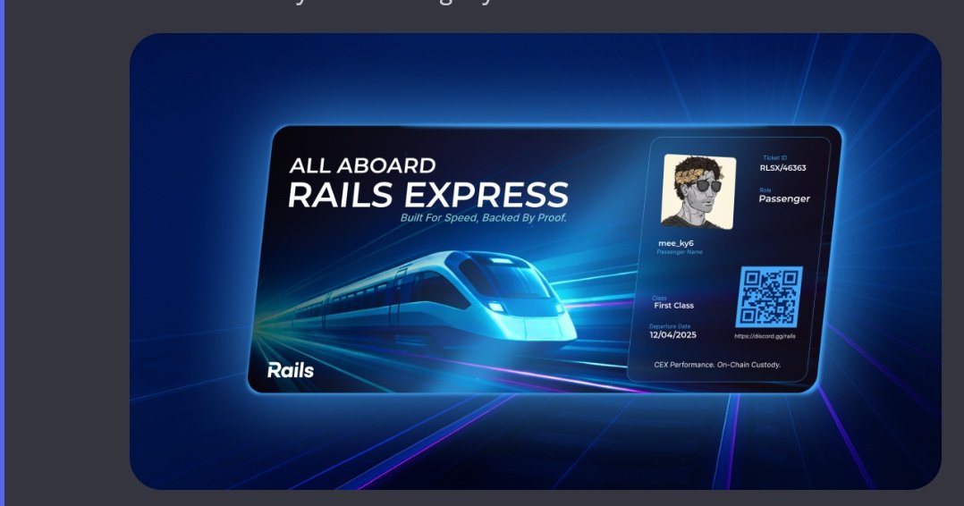 Gm guys Just claimed my Rails Pass on <a href="/rails_xyz/">Rails</a> 🚂.

Access granted to the fastest hybrid perp DEX built for real traders.

Sub-ms speed. On-chain control. Real rewards.

Will drop guide on how to go bout yours as well  if possible you don't know how to. 

But first Hop in on