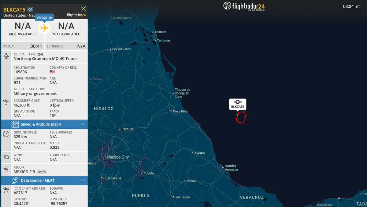 prefix64's tweet image. US Navy | BLKCAT5 | 169896/#AE7817
Northrop Grumman MQ-4C Triton operating off the coast of Veracruz, in an area of high naval relevance due to the approaches to the Port of #Veracruz, Gulf shipping lanes, and regional naval activity.