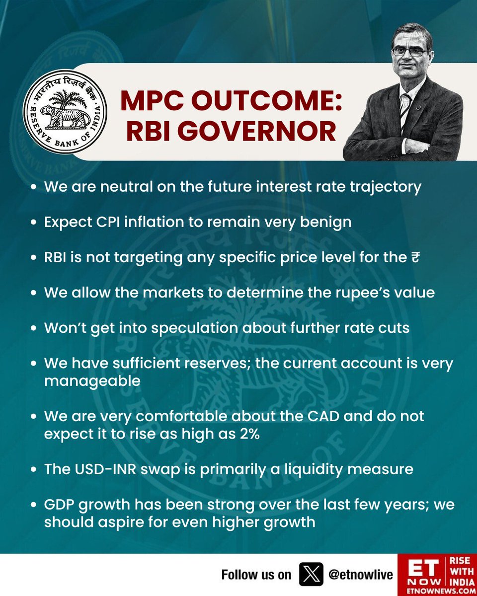 ETNOWlive's tweet photo. #RBIMPC | RBI MPC Takeaways: Benign inflation, steady growth outlook, flexible rupee, ample liquidity and key insights on how a 5% rupee move can shift CPI and growth👇

#RBIPolicy #MPC #MPCMeet #MonetaryPolicy 
@RBIsays https://t.co/tK6h3djUmI