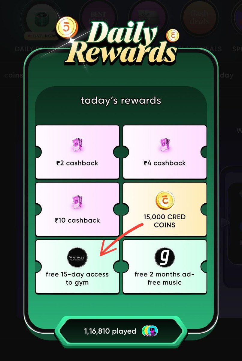iTzcoolzTricks's tweet image. 🔥 #Cred Daily Rewards: Free 15 days gym access by #fitpass

👉 Go to cred #rewards &amp;gt;&amp;gt; daily rewards &amp;gt;&amp;gt; try your luck

👉 First check fitpass gym is available or not in your city

Simply search fitpass gym near me on google
