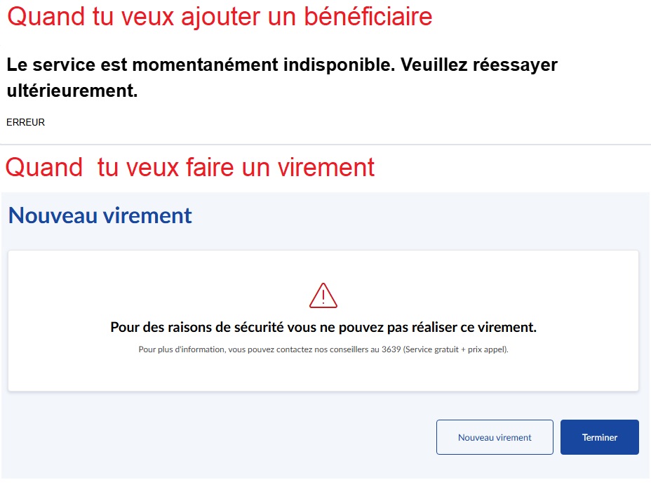 celestemarcheur's tweet photo. Bonjour @LaBanquePostale 
Bonjour, aujourd'hui, 5/12/2025. Ajout de bénéficiaires et virements indisponibles depuis 10 jours, quand j'ai appelé le 3639 le 1/12/2025, vous m'avez promis un rétablissement dans la soirée. Il n'en est rien. 
Quand allez vous rétablir ces services ? https://t.co/0qFoOYz1MX