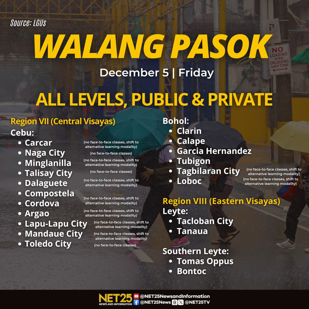 NET25TV's tweet image. WALANG PASOK: Suspendido ang klase sa ilang lugar sa bansa dahil sa masamang panahon dulot ng Bagyong Wilma ngayong Biyernes, Disyembre 5.

#NET25NewsandInformation #WilmaPH #bagyo #weather #tropicaldepression #walangpasok #cancelledclasses