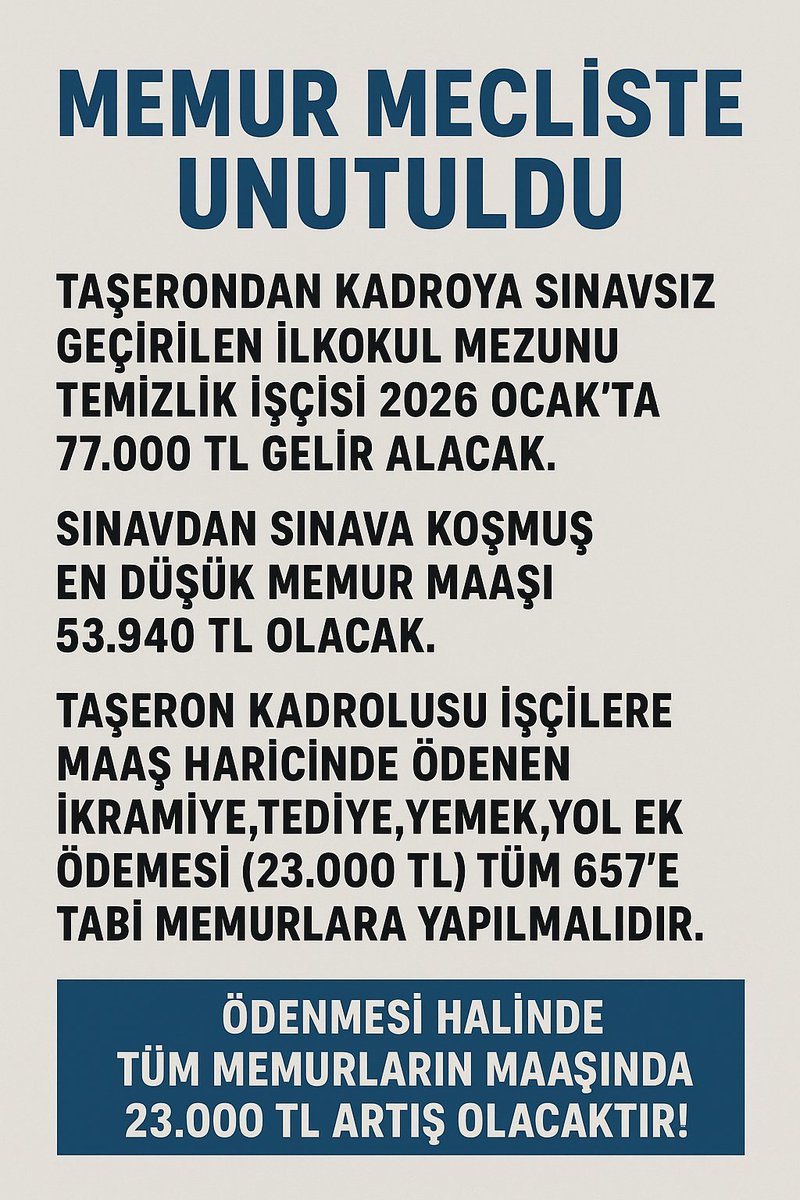 30 bin TL'lik zamma tepki gösterilirken,23 bin TL ek ödemeye de tepkiler artıyor.. 

Memurlar üvey evlat,kamu işçileri öz evlat mı ki aynı binada,aynı masada,yanyana çalışan üstelik hiçbir sınava tabi tutulmayan personel 23 bin TL fazla alacak? 

#memur 
#kabuletmiyoruz