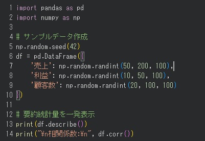 monoren's tweet image. 【10行】Pythonでデータサイエンス【Pandas】

Pandasで要約統計量
データの全体像が一瞬で見える✨

✅ 平均・中央値・標準偏差
✅ 最大・最小・四分位数
✅ 相関係数も同時に確認

iPadでもサクッと実行🎯

#Python #Pandas #データ分析 #データサイエンス