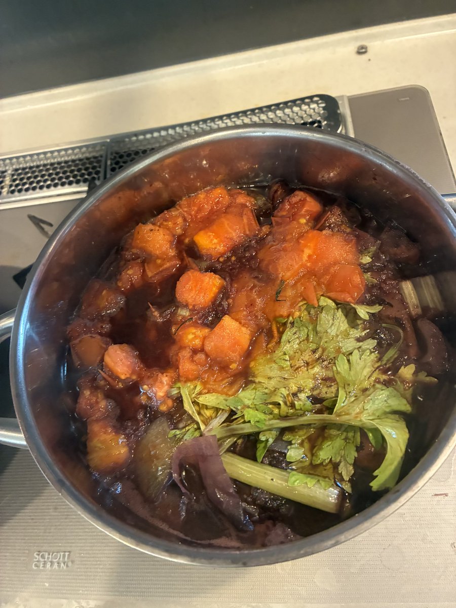 マリネを分けて
塩胡椒と薄力粉つけて焼き色つけて
ミルポワも焼き色つけて
その他諸々足して
ここからアクと油引きながら煮込むこと4〜5時間。かな？