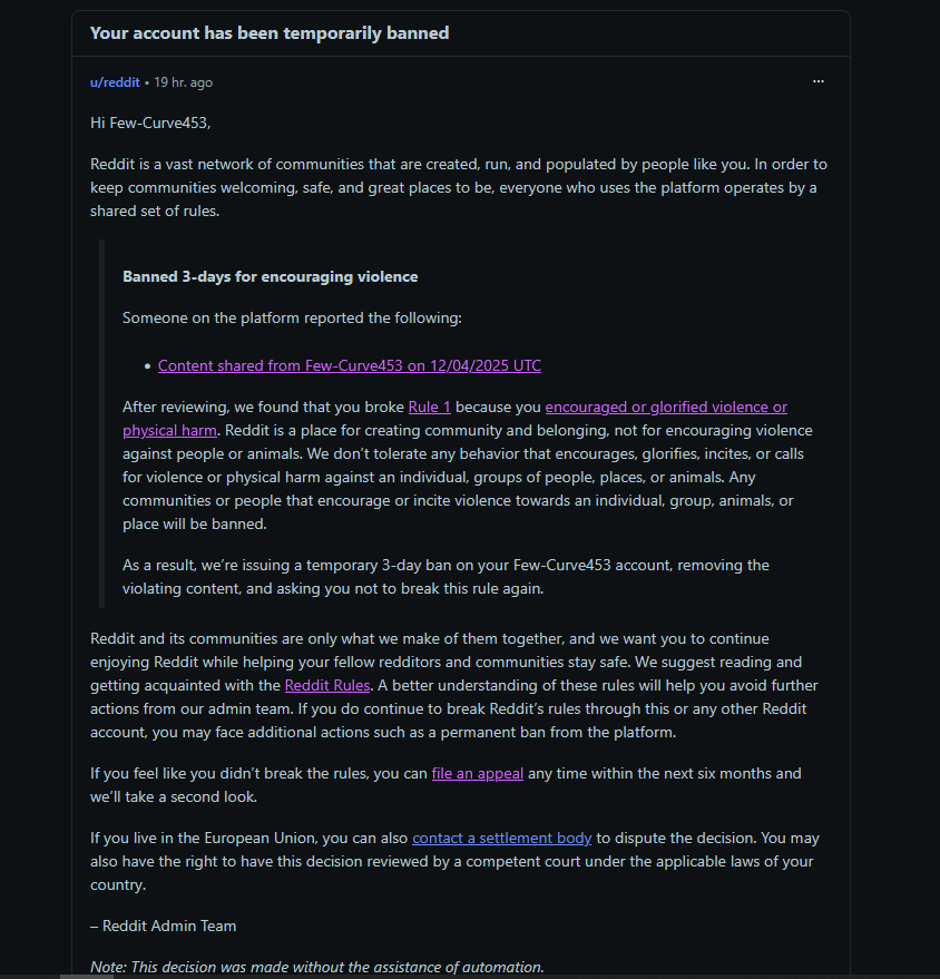 made a new account on reddit to share thoughts on the potential of rp servers in teardown multiplayer, and i included wanting to make a dexter themed mod to kill people in game his style, and apparently that got it banned, simply baffled