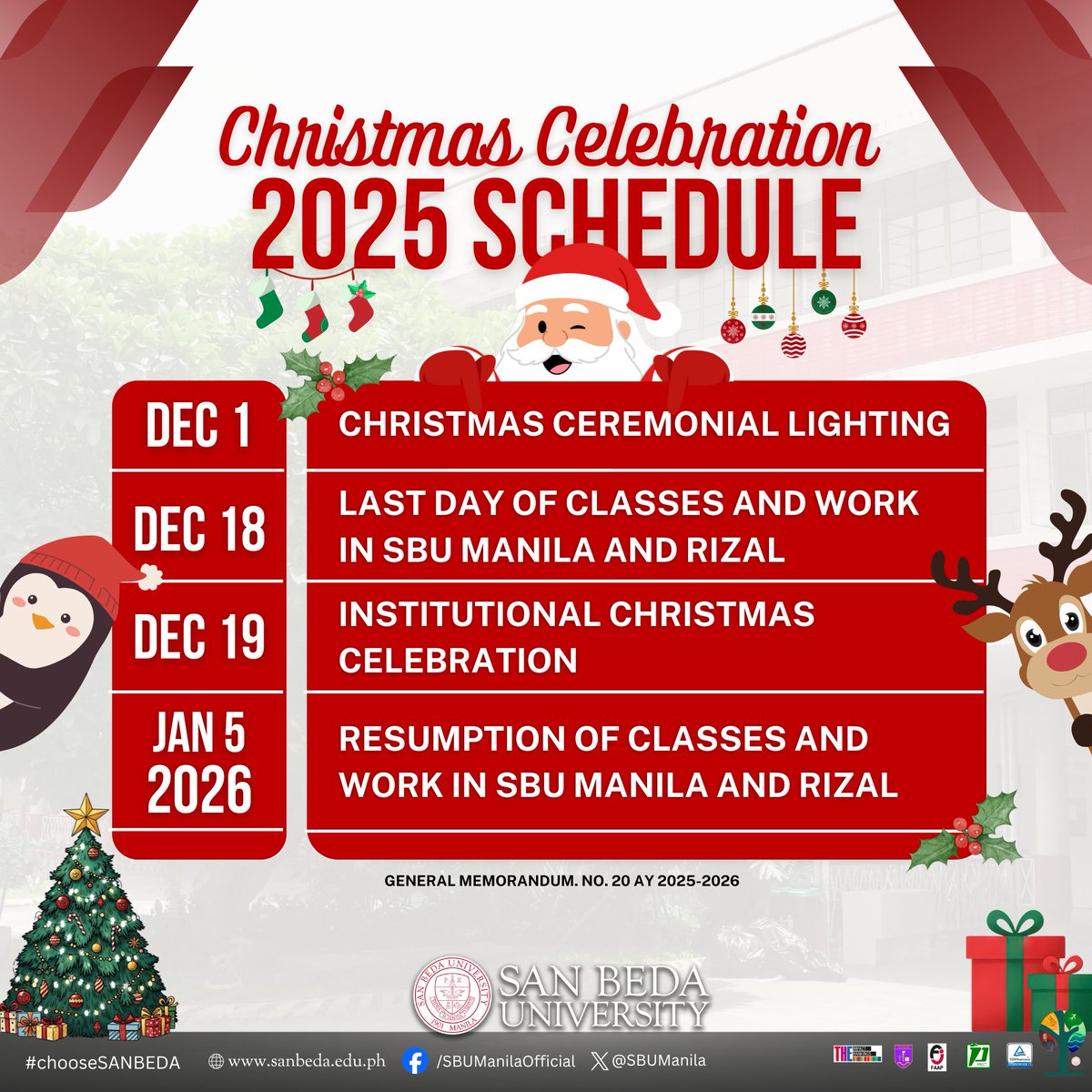 Christmas is Coming to San Beda! 📷 From ceremonial lighting to celebrations, mark your calendars and let's make this season unforgettable! 📷 

#SanBedaUniversity #ChristmasCheer #BedanHolidays