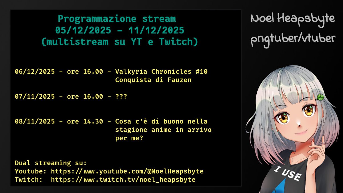 Piano degli stream particolare, con orari per questa settimana diversi a causa di un evento sabato e della festa di lunedì.