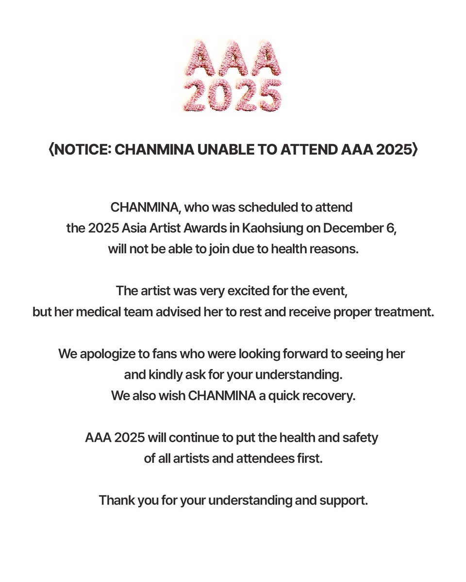 aaa2026_11th's tweet photo. #NOTICE #AAA2025 

챤미나 건강상 문제로 AAA 2025 참석 불가 안내 
公告：CHANMINA 因健康因素將無法出席AAA 2025 
AAA 2025 アーティスト出演変更のお知らせ 
Notice: CHANMINA Unable to Attend AAA 2025 https://t.co/X6pT0VNNmc