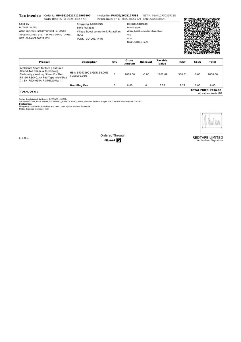 PrjToni's tweet photo. @RedTapeindia I am purchase Red tape shoes Flipkart platform 
I received different item and invoice 
I am paid 2139 rupees but invoice 2016 rupees received 
Please help https://t.co/E7Cniz03fQ