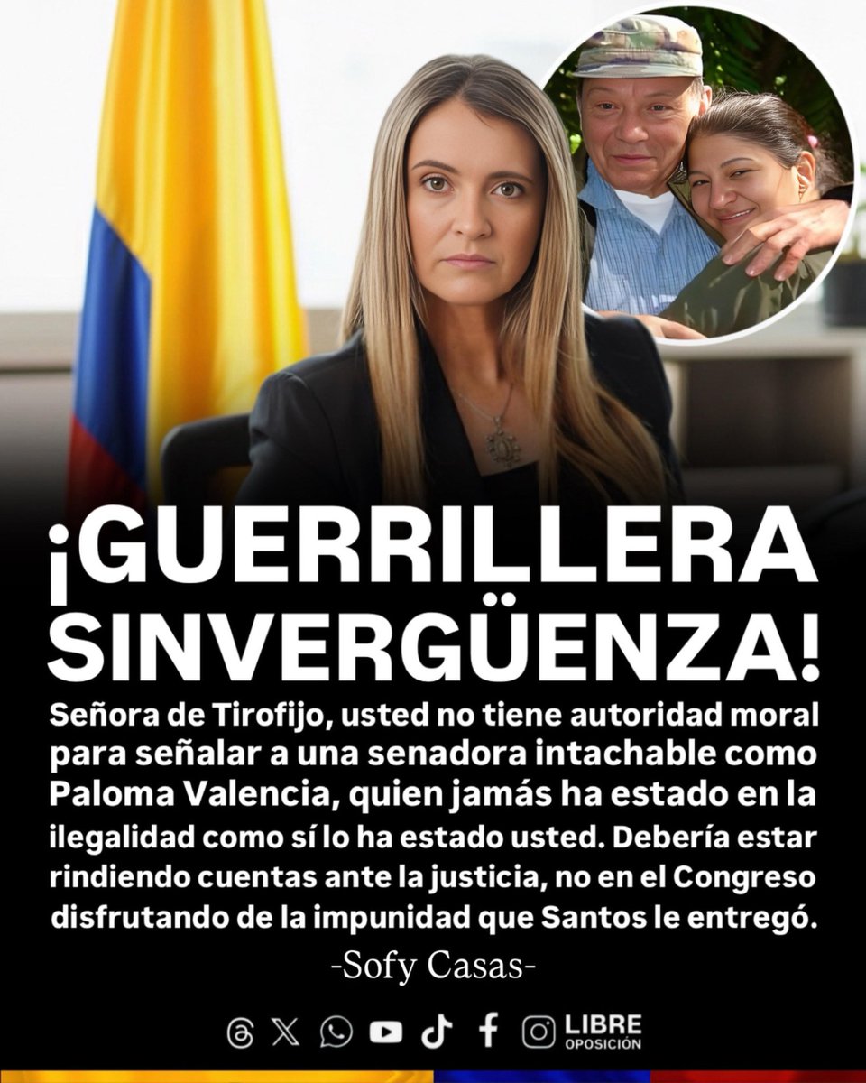 🇨🇴🧐| ¡GUERRILLERA SINVERGÜENZA! “Señora de Tirofijo, usted no tiene autoridad moral para señalar a una senadora intachable como Paloma Valencia, quien jamás ha estado en la ilegalidad como sí lo ha estado usted. 

Debería estar rindiendo cuentas ante la justicia, no en el