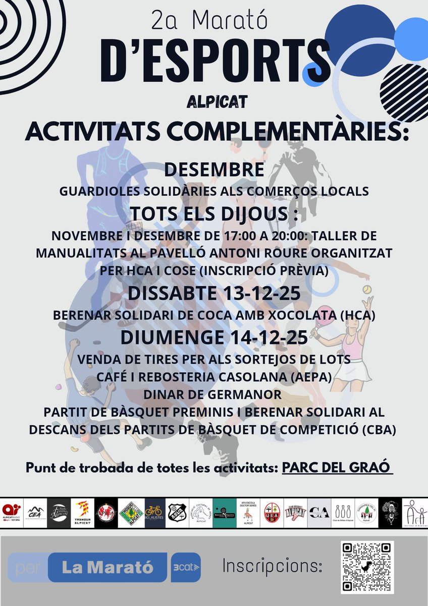 📢 Recordeu que ja estan obertes les inscripcions 📝 per a la Marató d'Esports 🎾🏐🏑🏀⚽️🚴🏻a benefici de La Marató de 3cat que es farà el diumenge 14 de desembre al Parc del Graó 

🫵🏼 Us esperem ‼️