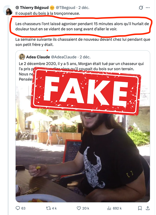 FrancAller_info's tweet photo. En rajouter dans le sordide sur ce drame pour faire son buzz... 
Ce crétin mythomane est répugnant. 

#Antispécisme #Vegan #Abjection 
#Chasse #ChassePartage 

* Aucun communiqué du procureur, aucune déclaration officielle, aucune source judiciaire rapportée par la presse, n'avancent que les chasseurs auraient “laissé [Morgan Kean] agoniser pendant 15 minutes alors qu'il hurlait de douleur tout en se vidant de son sang avant d'aller le voir.”

Seul l'avocat de la famille de la victime a évoqué, lors du procès, “une agonie de 15 minutes”, mais n'a jamais prétendu que les chasseurs auraient tardé à prévenir les secours. 
➡️ https://t.co/CamdVxIQcq

** https://t.co/SBSKb7o4sT
