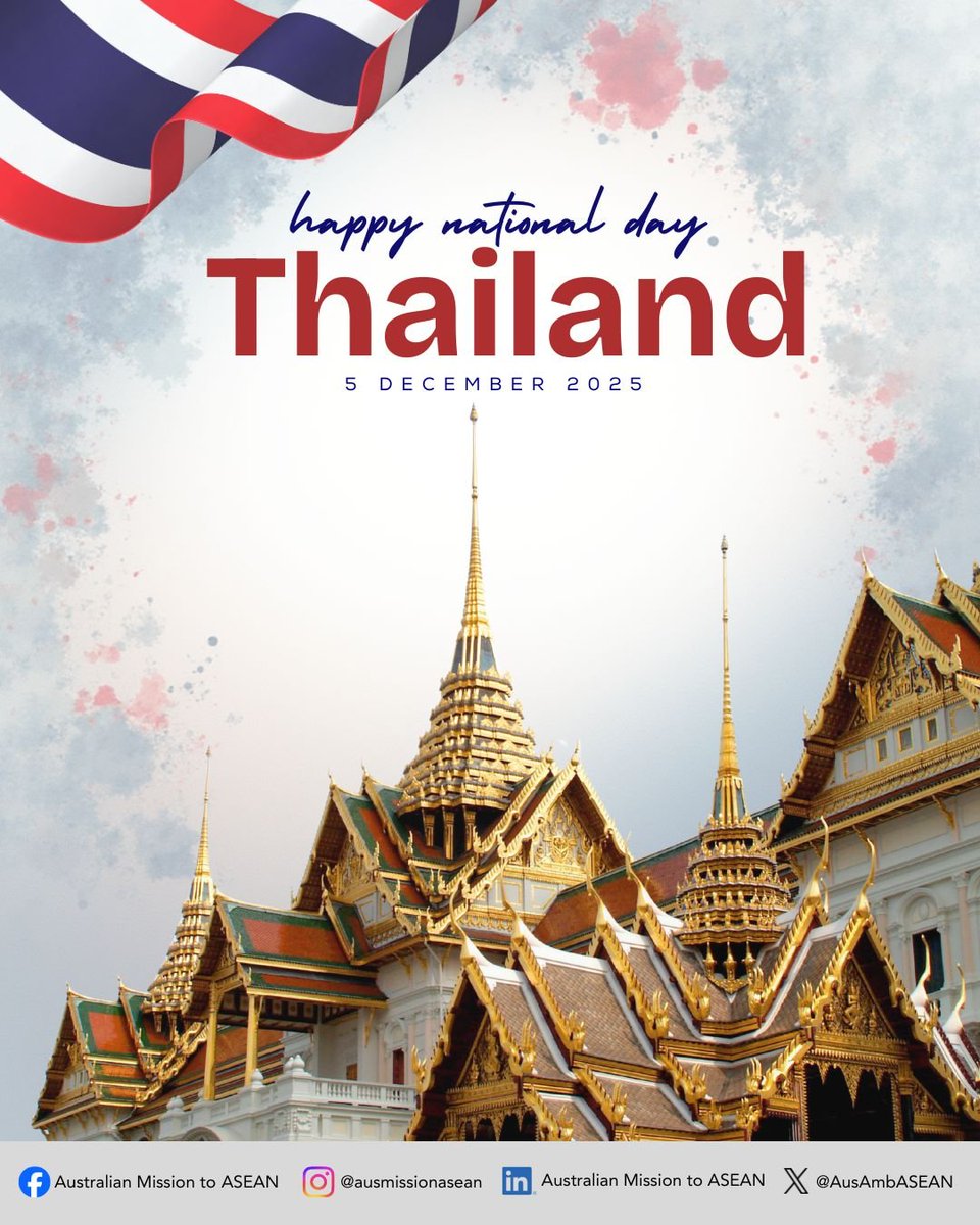 Warm wishes to our friends in Thailand on their National Day! 🇹🇭

Australia works closely with Thailand in <a href="/ASEAN/">ASEAN</a>, including on sustainable development and counter-trafficking.

#Thailand #NationalDay