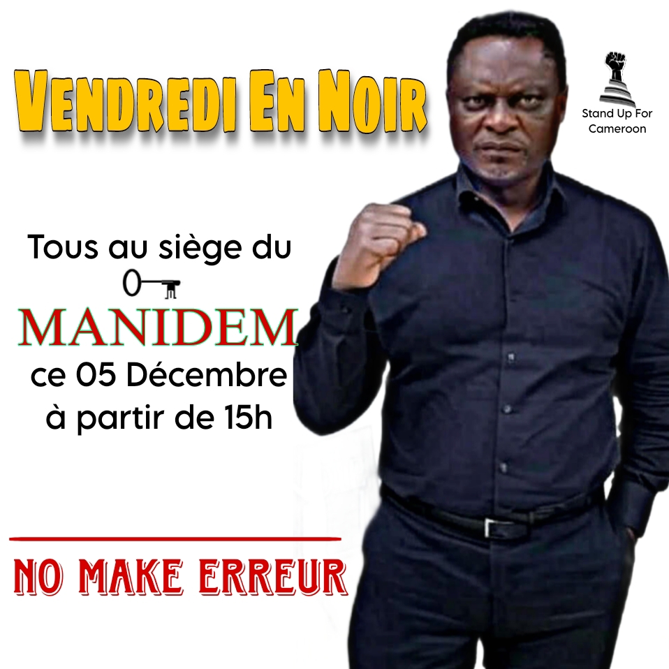 Stand4Cameroon's tweet photo. Spécial #FridayInBlack aujourd'hui en honneur de Anicet Ekane &amp; toutes celles et ceux encore détenus dans le cadre de la crise post-électorale.
Retrouvons nous au siège du MANIDEM dès 15h 
1. Portez le noir
2. Venez avec des bougies, fleurs, poèmes, etc. pour honorer Anicet Ekane https://t.co/hQq50ZJwd6