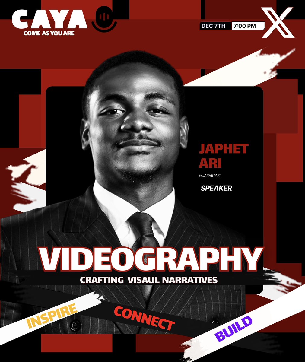 2 DAYS TO GO! 🎉🎥

<a href="/CayaHQ/">CAYA-Come As You Are</a> 🎙️ presents: Videography — Crafting Visual Narratives ✨

In just two days, we’ll be joined by <a href="/__zuggy/">Zuggy Video Editor 💻</a> , <a href="/searthmene/">Searth</a> &amp; <a href="/JaphetAri/">Japhet | video editor</a> ,three brilliant minds breaking down storytelling, editing, and creating impactful video content.

If you want to get