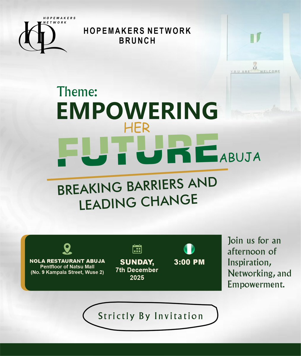 HopeMakersNet's tweet image. Join us for an inspiring brunch hosted by Hopemakers Network in Abuja! 🥂

We're diving into "Empowering Her Future:

 Let's connect, share stories,  build a future where every woman thrives.

 #HopemakersNetwork #BreakingBarriers #LeadingChange #WomenSupportingWomen #Nigeria