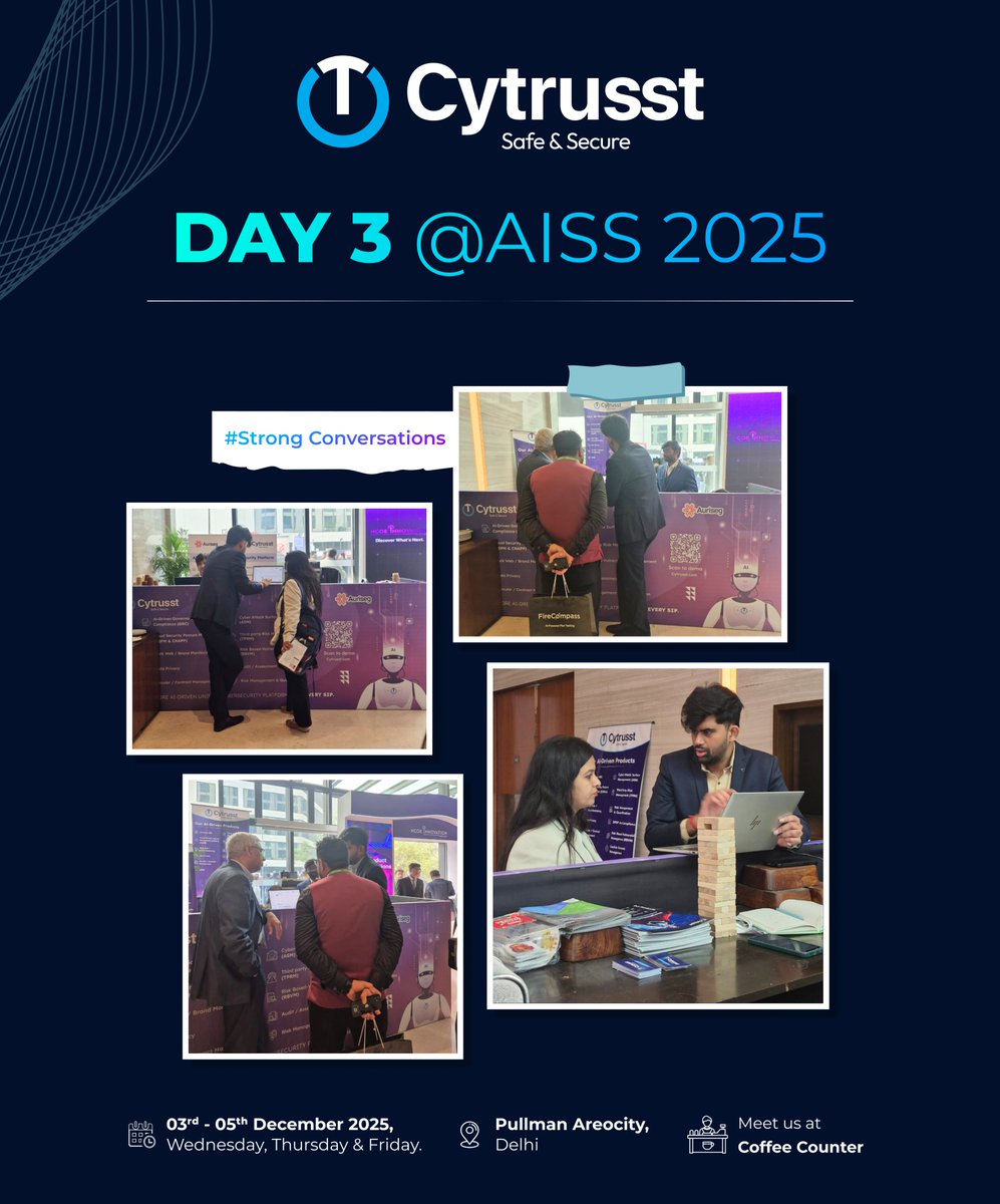 #Day3 at AISS 2025.
Strong conversations with a strong cup of coffee.

If you're attending, stop by the Coffee Counter.

📍 Pullman Aerocity, Delhi
☕ Cytrusst Coffee Counter

#AISS2025 #Cytrusst #DSCI #AIDrivenGRC #Cybersecurity #UnifiedSecurity #CloudSecurity #ASM