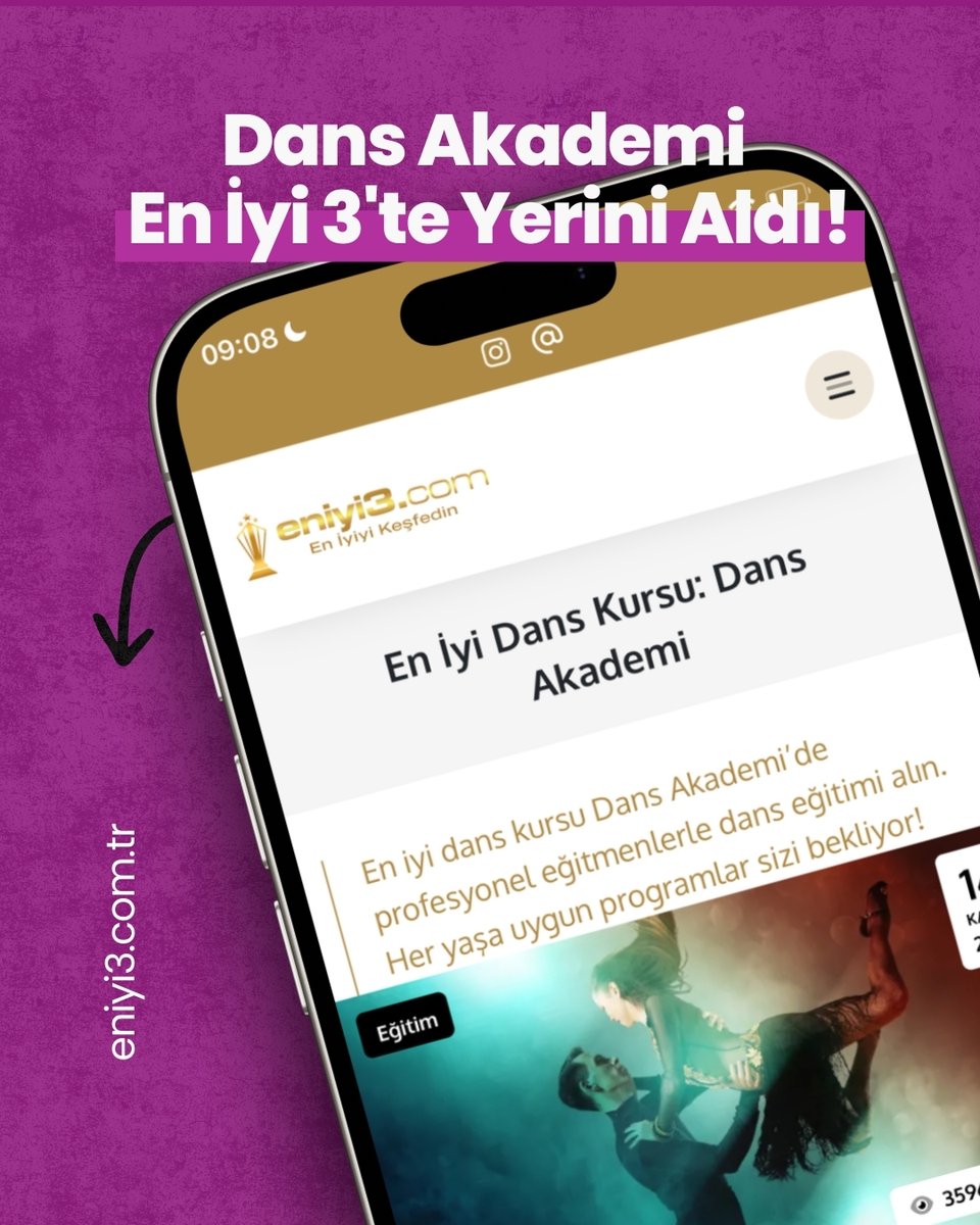 💃 Bugün En İyi 3’teyiz!
Dans tutkusu, profesyonel eğitim anlayışı ve tutkuyla yürüttüğümüz çalışmalar sayesinde eniyi3.com.tr’de “En İyi Dans Kursu” olarak yer almaktan gurur duyuyoruz.

👉 Detaylar: eniyi3.com.tr/en-iyi-dans-ku…

#danskursu #eniyi3 #dans #sanateğitimi