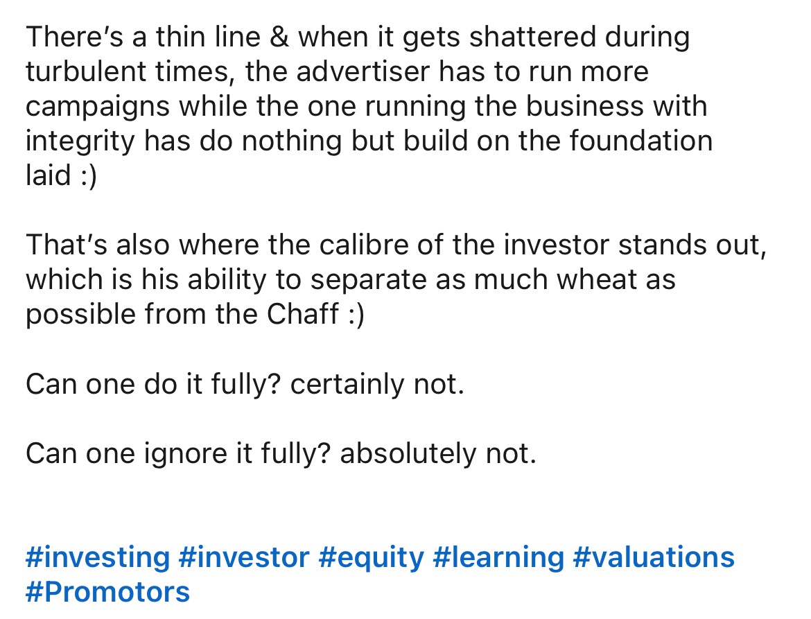 SamarthNagpal26's tweet photo. Something I wrote sometime way back. Always back the promotor, & identifying one itself is an art :)
Disc: Just some thoughts :) Hope you like it. I keep revisiting what I write. It helps in continuous learning or changes to approach
#Investing #Promotor #Markets https://t.co/8brglMWJGy